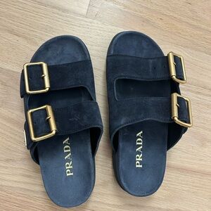 Prada Blue Suede Shoes with Gold Accents